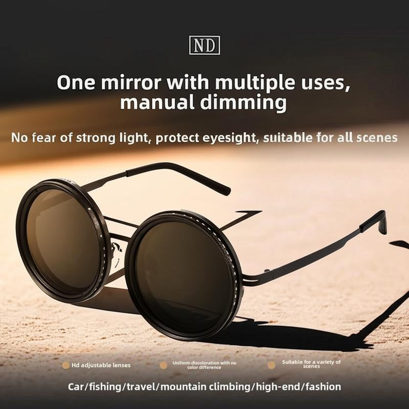 Adjustable Tint Polarized round Sunglasses with ND9 Stepless Dimming, 1-9 Gear Sun Protection Eyewear for Men - Eyewear with Adjustable Lens