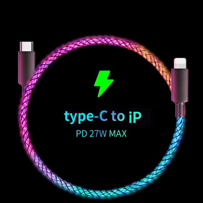 Fast Charging RGB Cable 100W Breathing Light for Iphone Samsung Huawei Xiaomi and More