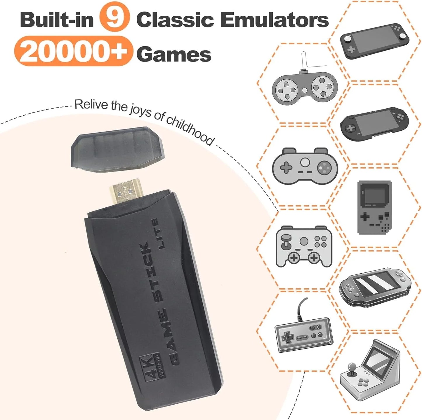 Retro Game Stick - Revisit Classic Games with Built-In 9 Emulators, 20,000+ Games Free, and Wireless Controllers